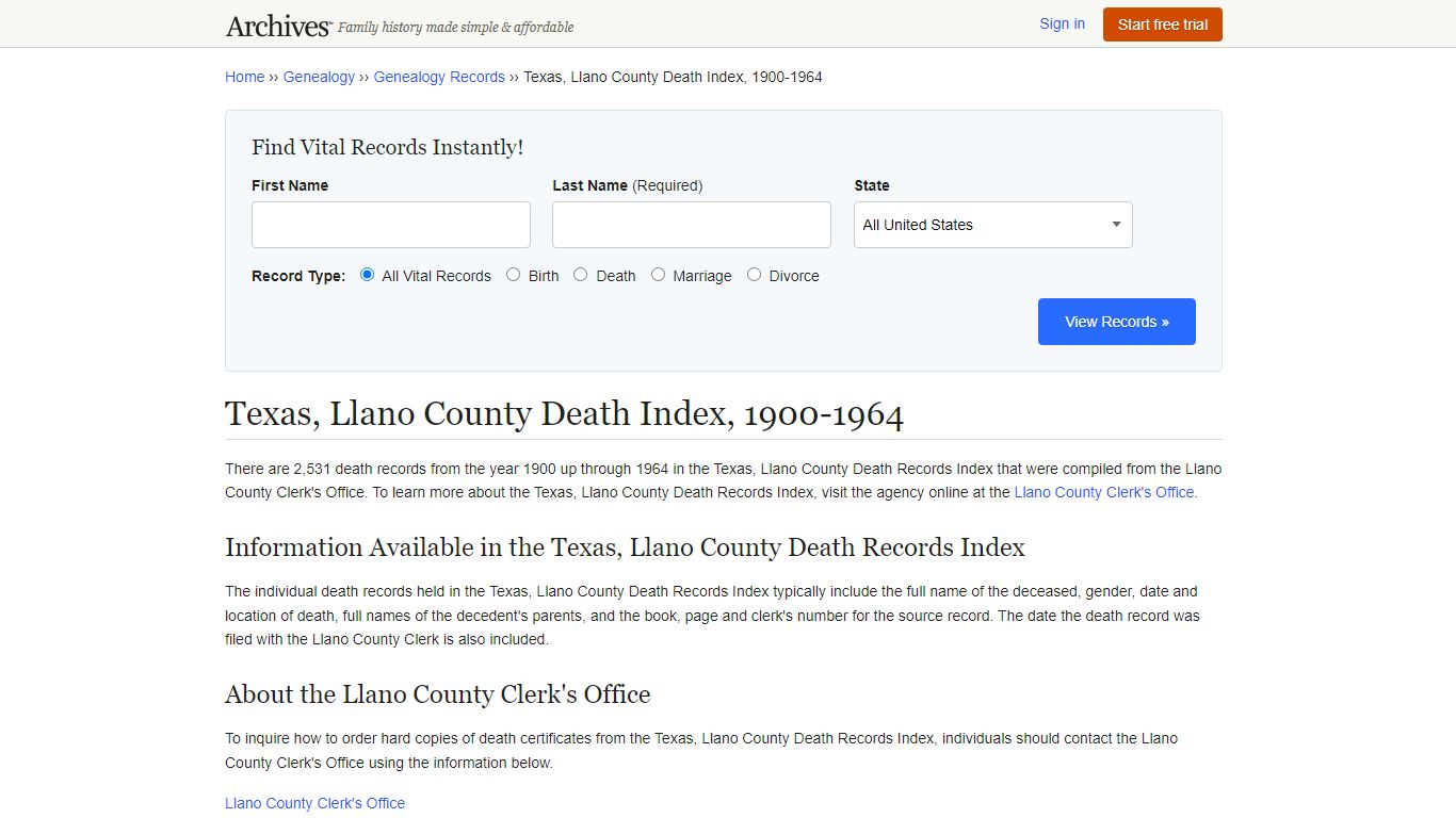 Texas, Llano County Death Records | Search Indexes ...