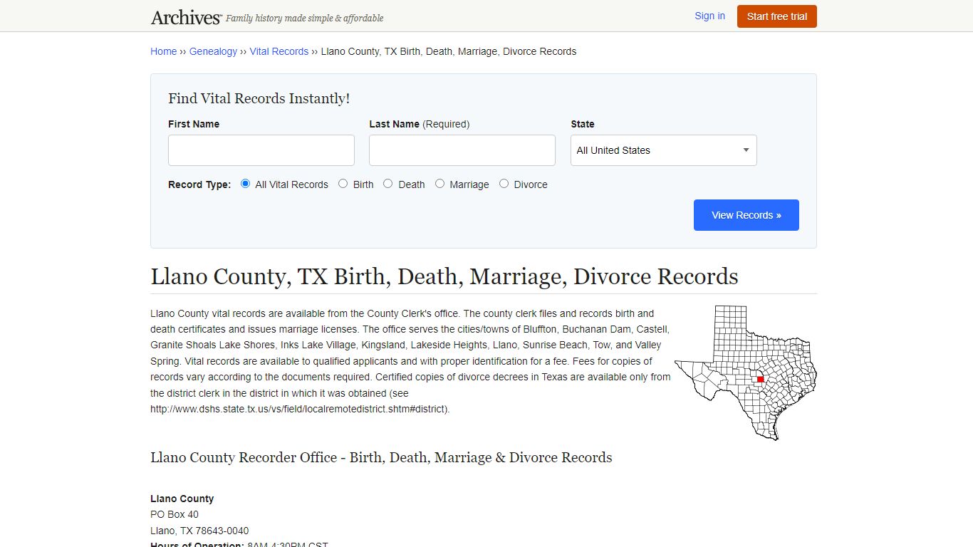 Llano County, TX Birth, Death, Marriage, Divorce Records